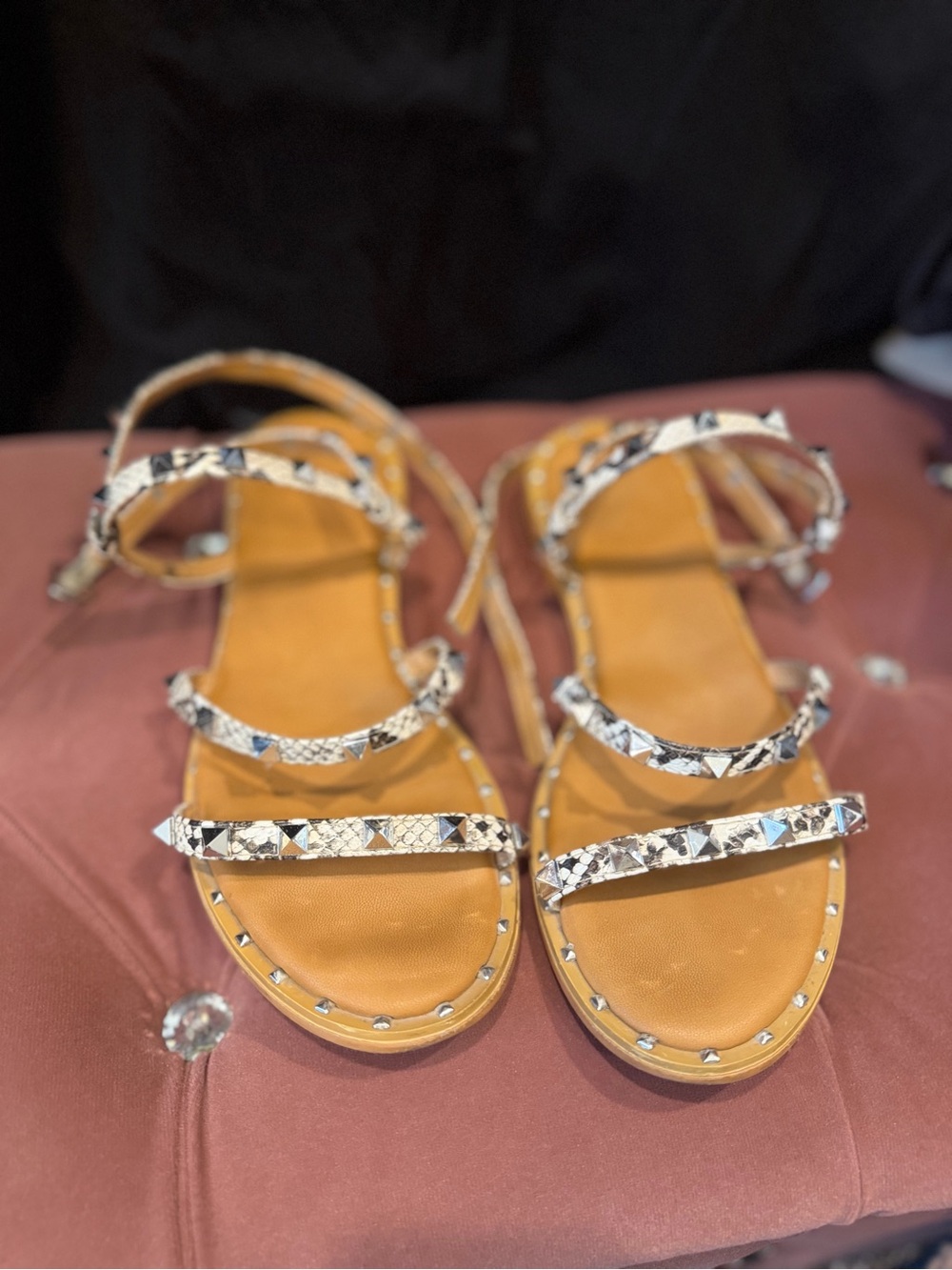 Fashion Nova Tan Sandals with Snake-Print Straps